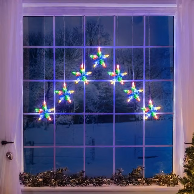 Christow Christmas LED Star Curtain Window Lights with Timer, White or Multicolour, H: 90 cm x W: 84 cm – 1