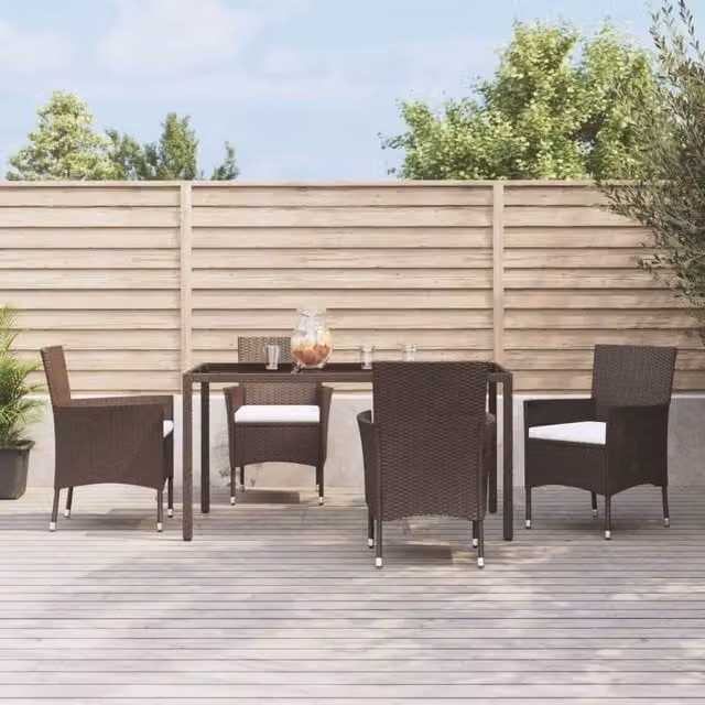 Berkfield Home 5 Piece Modern Brown Poly Rattan Garden Dining Set with Cushions – 1