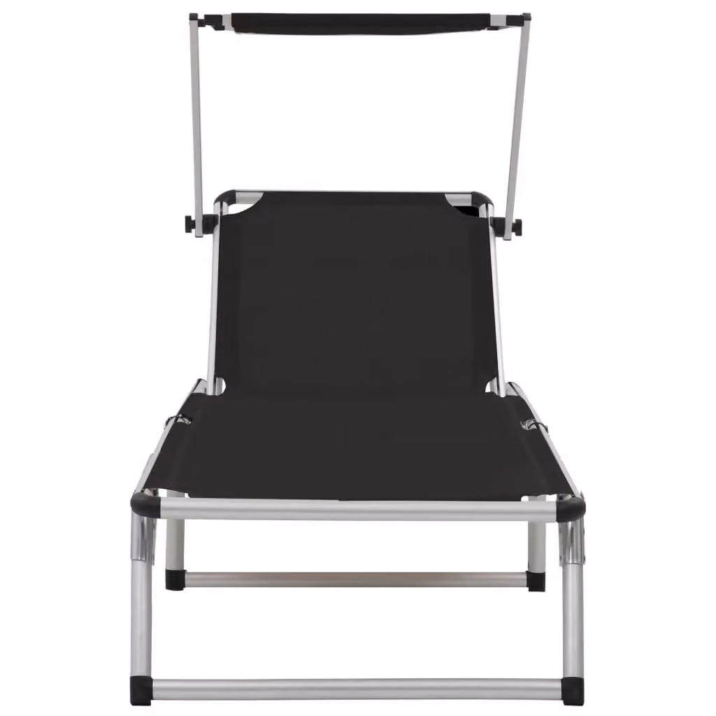 Berkfield Home Folding Sun Lounger with Roof in Black Aluminium and Textilene – 2