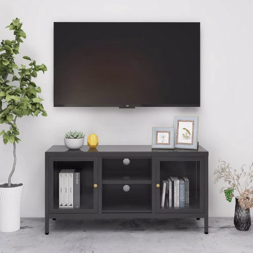 Berkfield Home Modern Anthracite TV Cabinet in Steel and Glass, W/D/H: 105 x 35 x 52 cm – 2