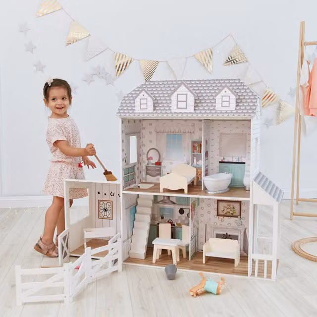 Teamson Kids 2-Story Wooden Farmhouse Dollhouse in White and Grey with 12 Accessories