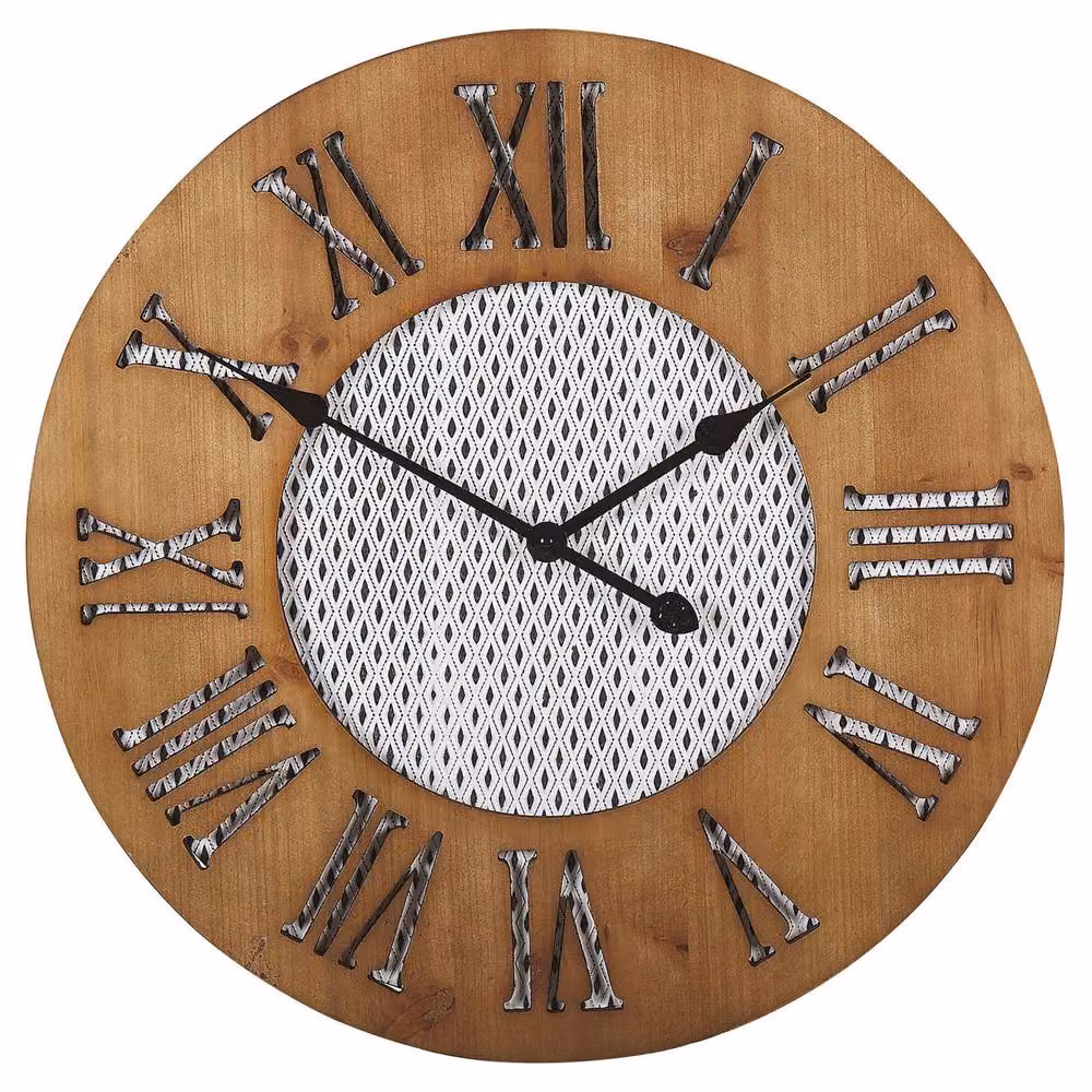 Wyld and Coco Round Geometric Wood Wall Clock in Brown, Black and White, Diameter: 60 cm – 2