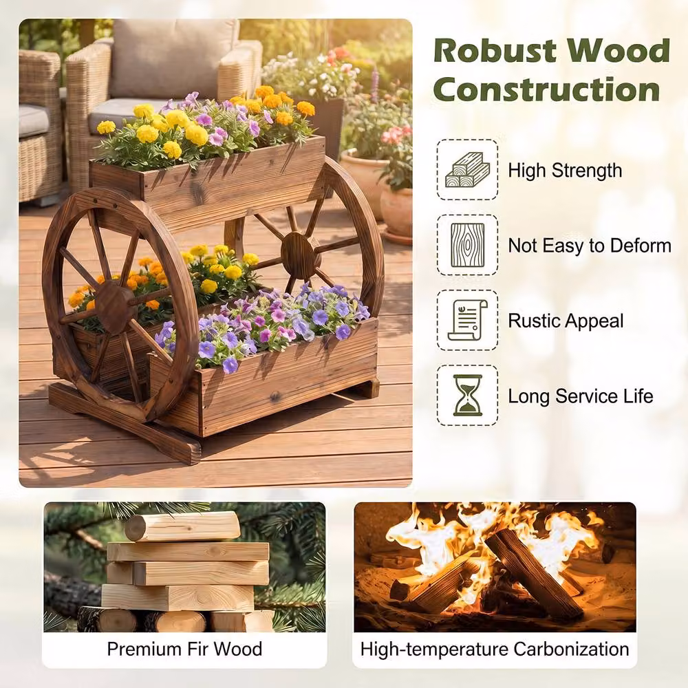 Costway Rustic Wood 2-tier Raised Garden Bed Wagon Planter with 3 Growing Boxes in Brown – 6