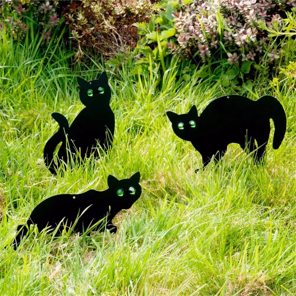 VOGREX 3-Piece Black Metal Garden Cat Silhouette Bird Scarer with Marble Eyes – 2