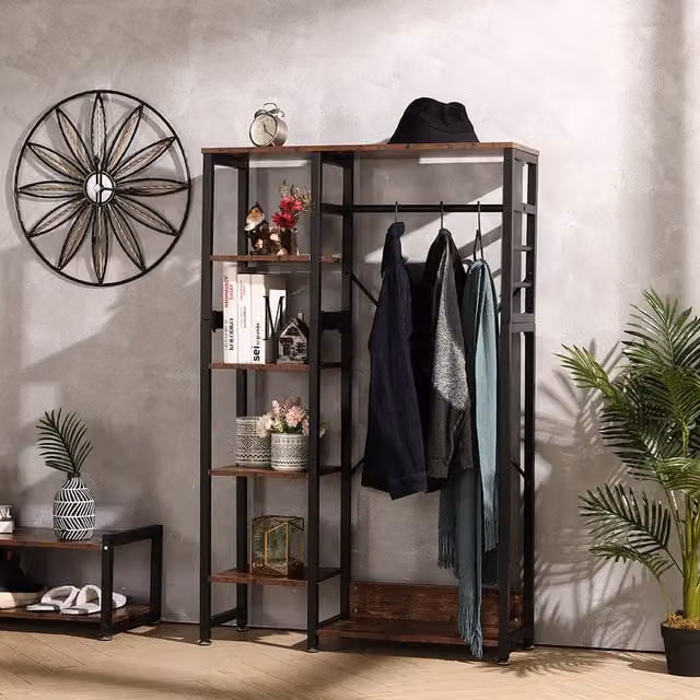 Livingandhome Vintage Brown Clothes Rail with Storage Shelves