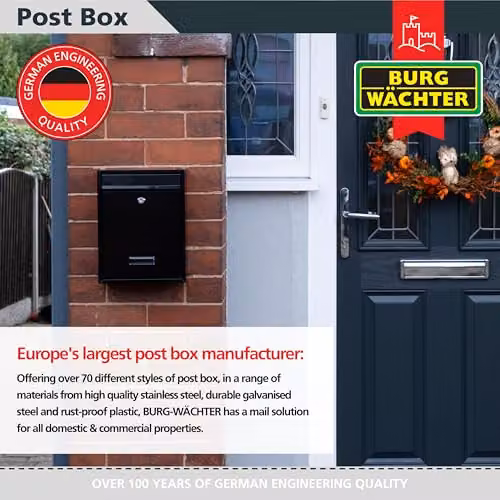 Burg-Wächter MB19BK Trent Wall Mounted Galvanised Steel Lockable Weatherproof Post Box, Black W: 26 cm, H: 34 cm, D: 9 cm – 5