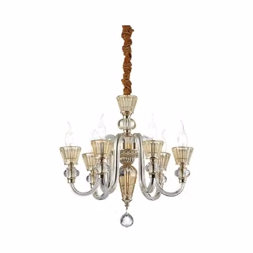 Netlighting Ideal Lux Strauss 6 Light Suspended Chandelier in Gold Finish with Amber Glass Crystals and E14 Sockets