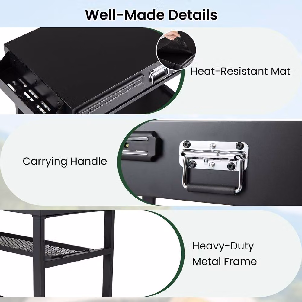 Costway 3-Tier Folding Metal Grill Cart with Wheels and Hooks in Black – 11