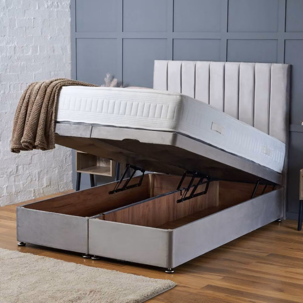 BSSPOKE Aria Single Ottoman Divan Bed with Panel Headboard and Mattress in Pink Plush Velvet, W/D/H: 90 x 190 cm