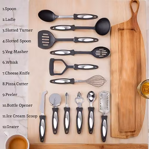 Premier Housewares 12 Piece Black Kitchen Utensil Set with Nylon and Stainless Steel Gadgets – 2