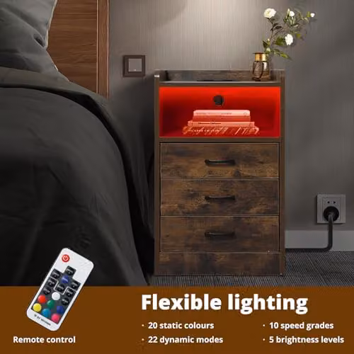 Levede Bedside Table with Charging Station and 3 Drawers, Rustic Brown with LED Lighting and USB Outlets – 4