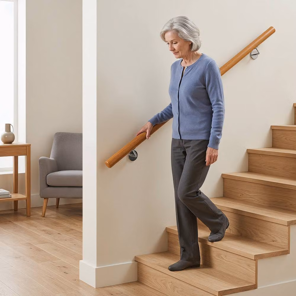 Gymax Beech Wood and Stainless Steel Wall Mounted Staircase Handrail, Brown, Length: 200 cm, Width: 80 cm – 4