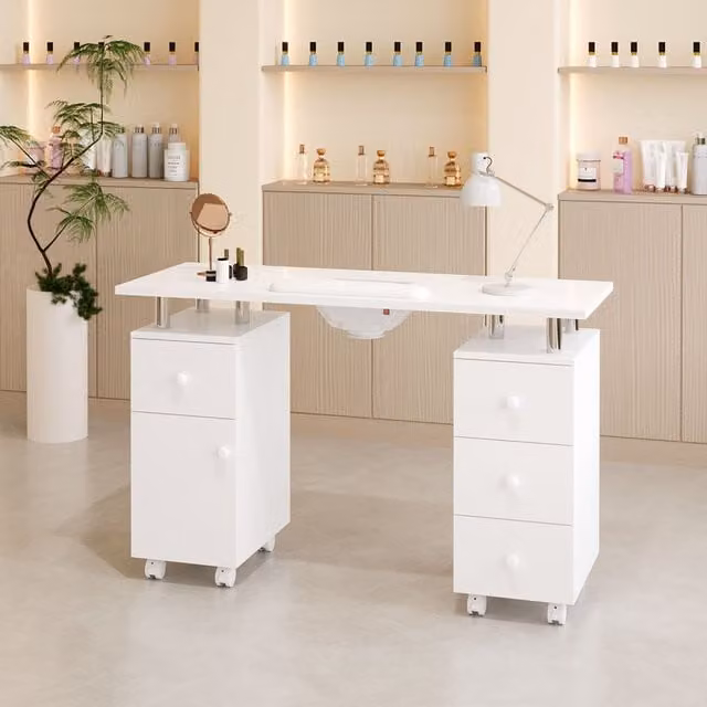 Livingandhome Professional Mobile Manicure Table with Dust Collector in White Glossy Finish