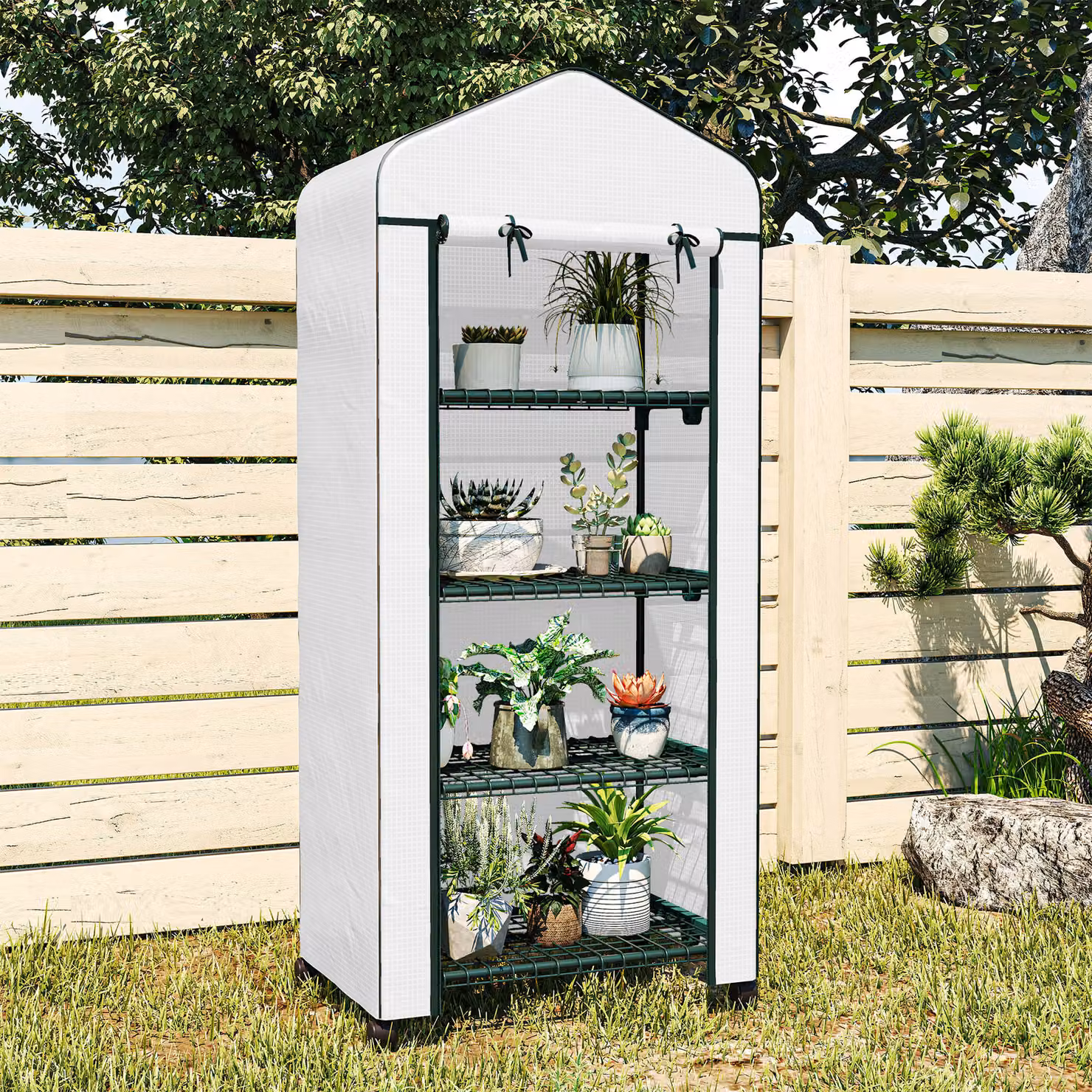 Outsunny 4 Tier Mini Portable Greenhouse with Metal Frame and PE Cover in White – 8
