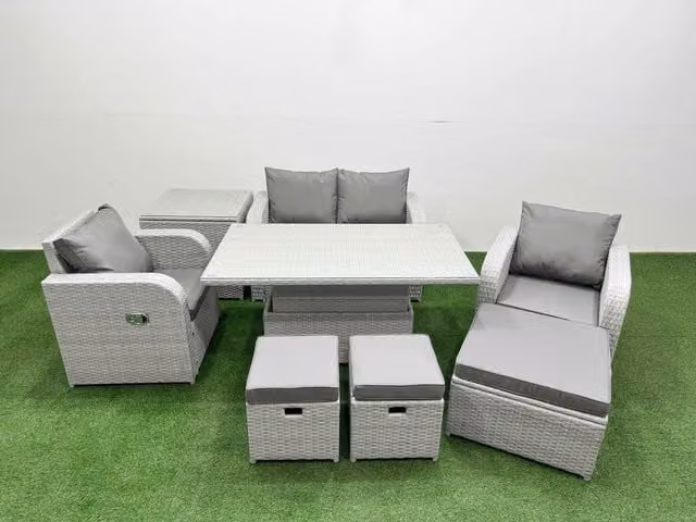 Fimous 7 Seater Grey PE Wicker Rattan Garden Furniture Set with Upholstered Cushions, 2 Seater Sofa, Lounge Armchair, Ottoman and Coffee Table
