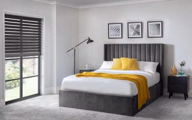 Ashfield Grey Scalloped Premium Velvet Upholstered Ottoman Bed with Lift Up Base, W/D/H: 180 x 200 cm – 1