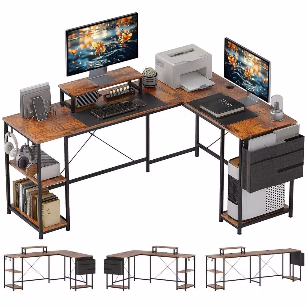 Wyld Haus Lesano 168cm Rustic Reversible L Shaped Corner Desk with Monitor Stand and Shelves in Brown – 2