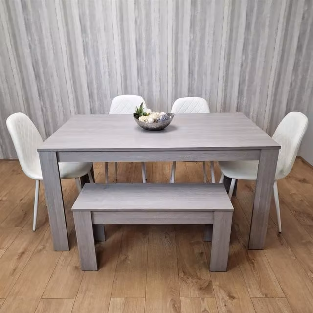 Kosy Koala Modern Rectangular Dining Table Set with 4 Chairs and a Bench in White and Grey