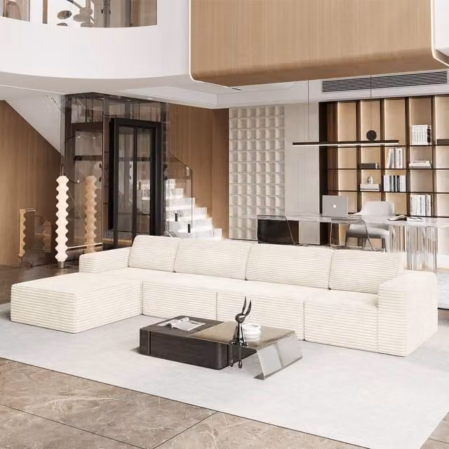 Dprodo Corduroy Modular L-Shape Sofa in Beige with Matching Ottoman and Removable Covers