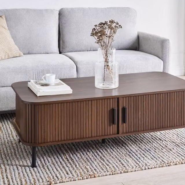 Wyld and Coco Retro Coffee Table with Sliding Storage, Dark Brown Top and Black Metal Legs, W: 60 cm, D: 41 cm, H: 33 cm – 1