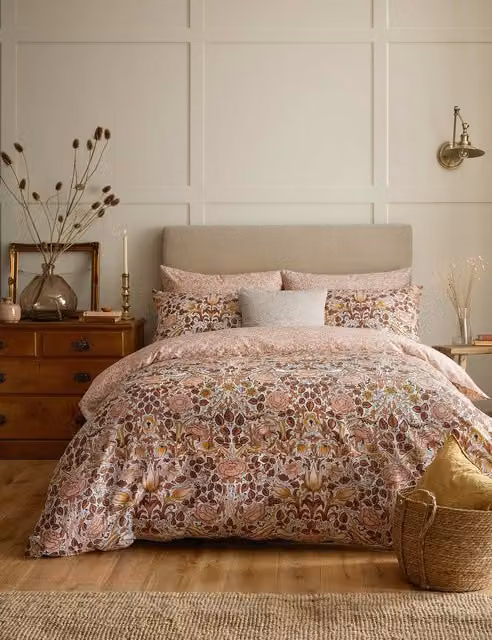 William Morris At Home Reversible Rose Floral Cotton Sateen Bedding Set, Cinnamon Blush, W: 200 cm, H: 230 cm