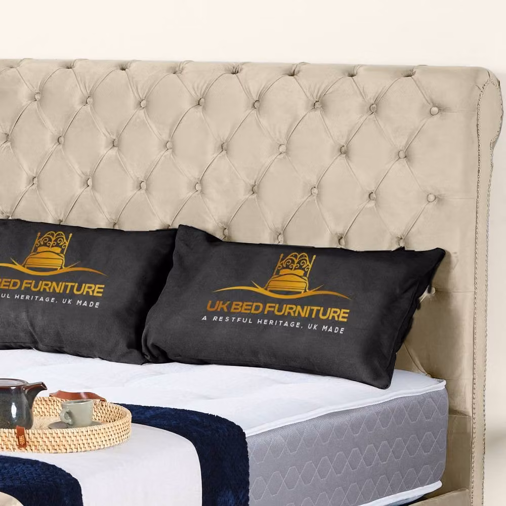 UK Bed Furniture Chesterfield Sleigh Ottoman Bed with Gas Lift Upholstered Headboard in Beige, Size: Double (140 x 200 cm) – 2
