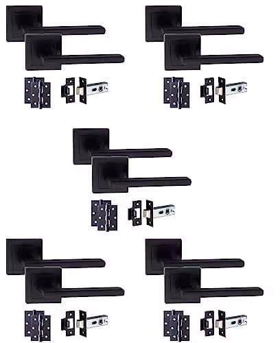 Golden Grace Leon Straight Door Handle Latch Pack in Matt Black, 5 Sets – 1