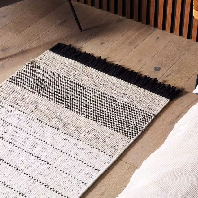 Wyld and Coco Hand-Woven Flat Weave Striped Rug in Beige and Black with Fringes, W: 80 cm, L: 150 cm – 1
