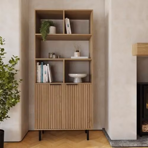 GFW Nervata Modern Asymmetric Bookcase with Shelves, Cabinet Storage and Ribbed Detailing in Brown