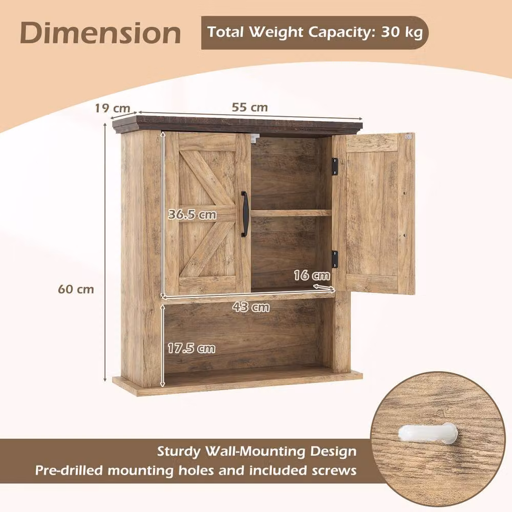 Costway Farmhouse Wall Mounted Medicine Cabinet with Hinged Doors in Brown – 2