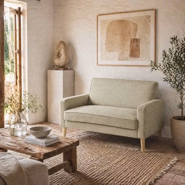 Wyld Haus Vikava 2 Seater Loveseat in Beige Velvet with Natural Wood Legs W/D/H: 130 x 82 x 74.5 cm