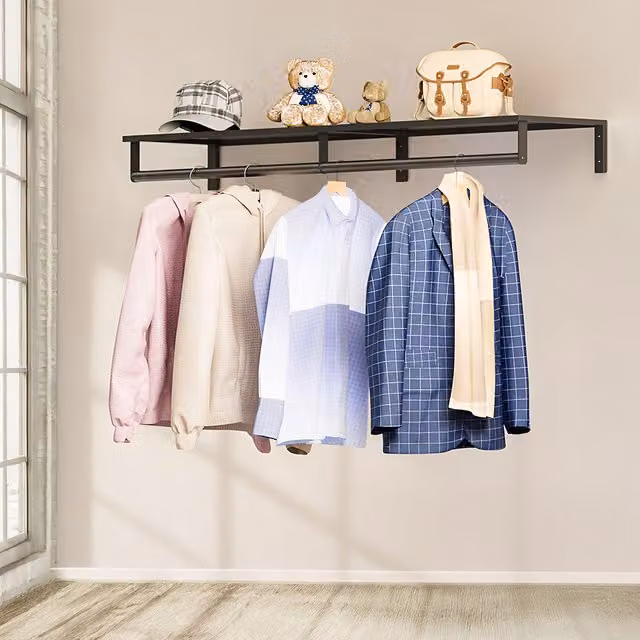Livingandhome Industrial Matt Black Metal Wall-Mounted Clothes Rail with Top Shelf