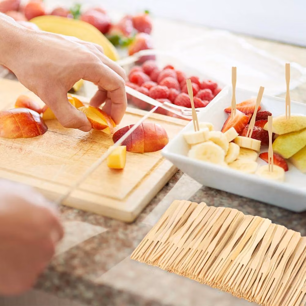 ECONX 100 Pack Beige Bamboo Mini Two-Prong Food and Fruit Picks, 9 cm – 2