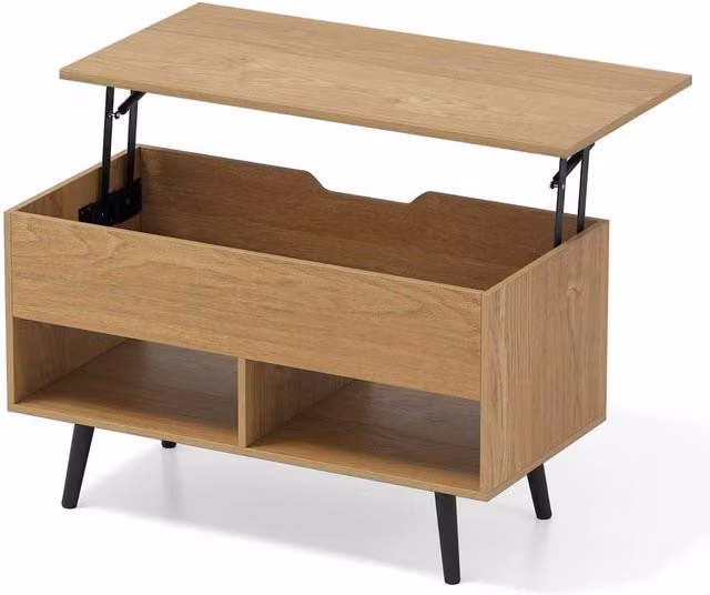 VOGREX Mid Century Modern Rectangular Lift Top Coffee Table with Shelves in Brown Wood