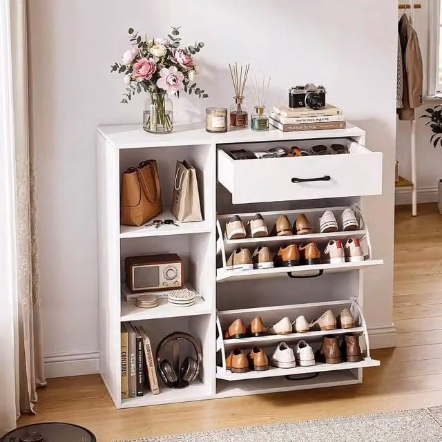 EONLION 4 Tier White Shoe Storage Cabinet with Tilting Compartments and Hinged Doors, W: 100 cm, H: 90 cm, D: 20 cm