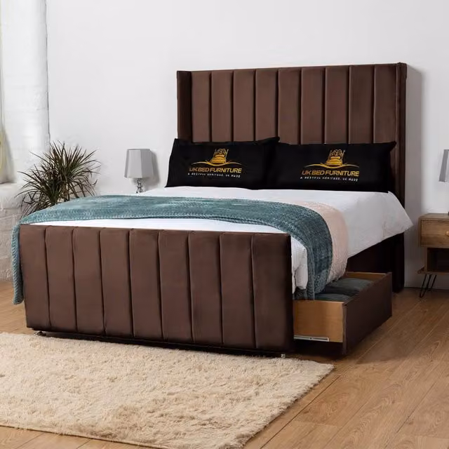 UK Bed Furniture Seoul Wingback Divan Bed with 54 Inch Headboard and 2 Drawers in Brown Velvet, Small Double, W/D/H: 120 x 200 cm