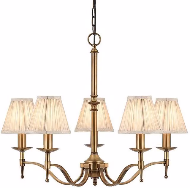 Loops Avery 5-Lamp Ceiling Pendant Chandelier with Beige Pleated Fabric Shades in Antique Brass