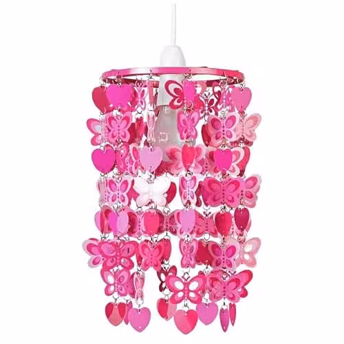 MiniSun Pink Hearts and Butterflies Cylinder Ceiling Light Shade, Shade Width: 18 cm