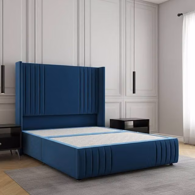 Regional Furnishings Single Divan Bed with 54 inch Plush Velvet Headboard and Footboard in Blue, W/D/H: 90 x 200 cm