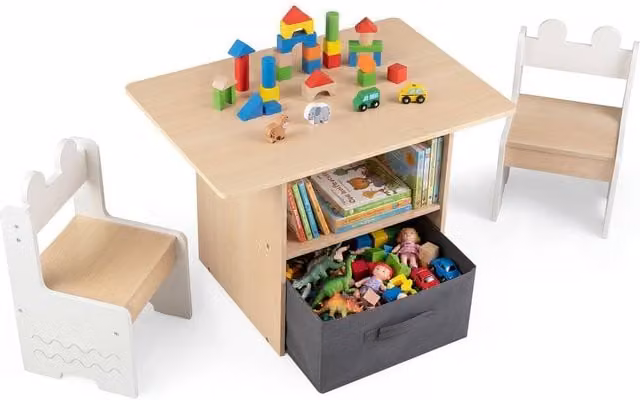 CASART Kids Wooden Activity Table and 2 Chairs Set with Drawer in Sand – 1