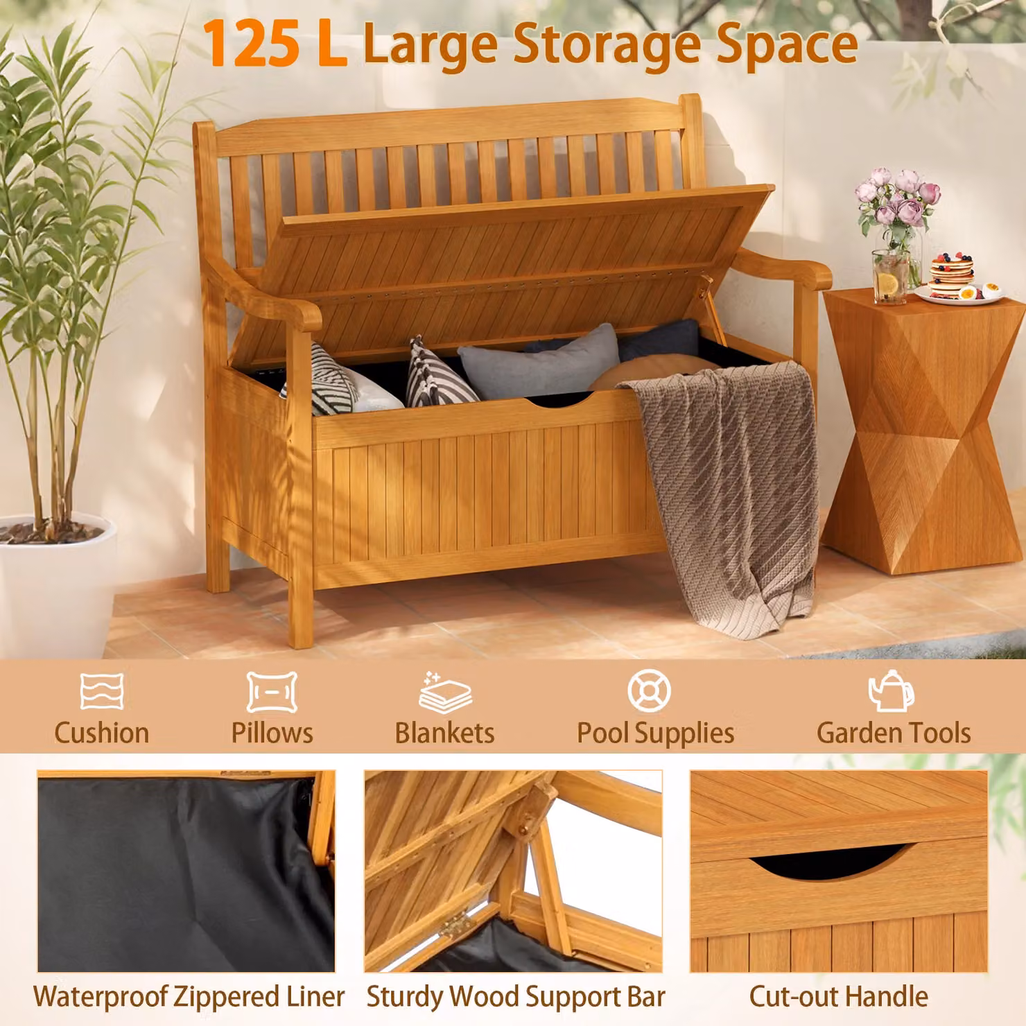 Costway 125L Outdoor Acacia Wood Storage Bench Deck Box Loveseat in Natural Brown – 6