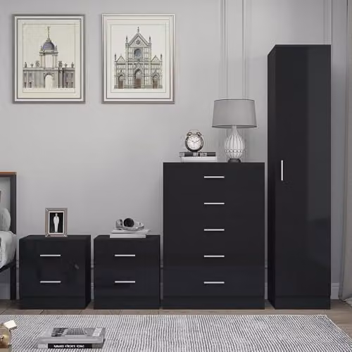 Reflect Modern Bedroom Furniture Set in Black Gloss and Black Oak Finish, Including 1 Door Wardrobe, 5 Drawer Chest and 2 Bedside Tables – 2