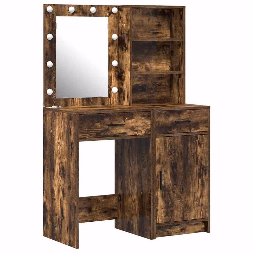 Berkfield Home Modern 2 Piece Hollywood LED Dressing Table Set in Smoked Oak Brown – 3