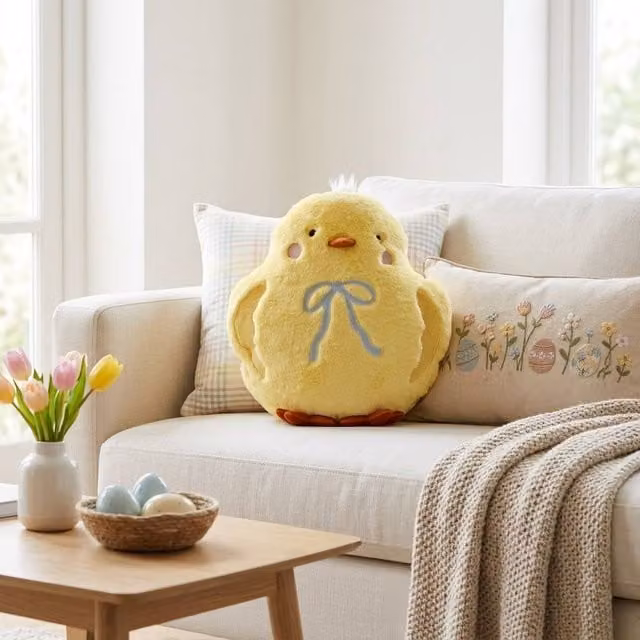 Garden Greatness Easter Novelty Chick Cushion with Bow in Yellow and Multicolour, W/D/H: 40 x 35 x 35 cm
