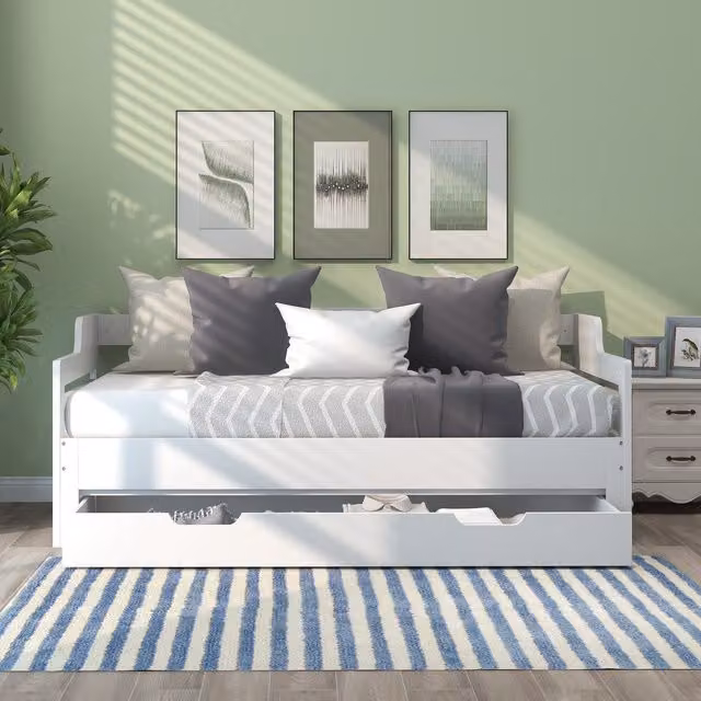 Aosom.UK Extendable White Sofa Bed with Pull-Out Trundle and Storage Drawer, W/D/H: 180 x 194 x 66 cm