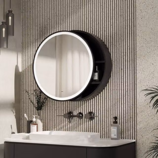 Bathroom Kingdom Monty Black Matt Round Illuminated LED Mirror Cabinet W: 60 cm