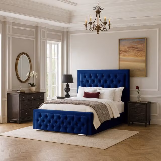Desire Deco Kinsley Blue Velvet Upholstered Single Bed Frame, W/D/H: 90 x 190 cm