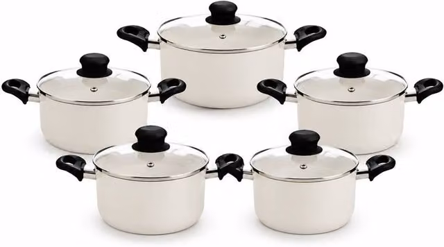 DELCASA 5 Piece Non-Stick Ceramic Casserole Set with Lids, Induction Ready, Cream