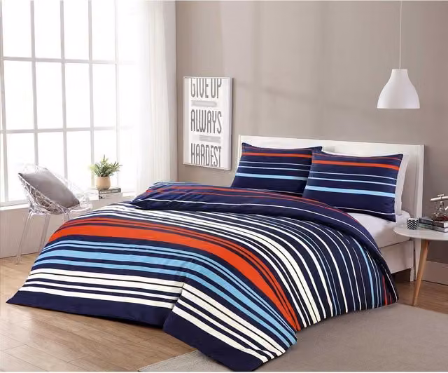 Homespace Direct Ltd Striped Modern Duvet Cover Set in Blue, Red and White, W: 140 cm x L: 200 cm