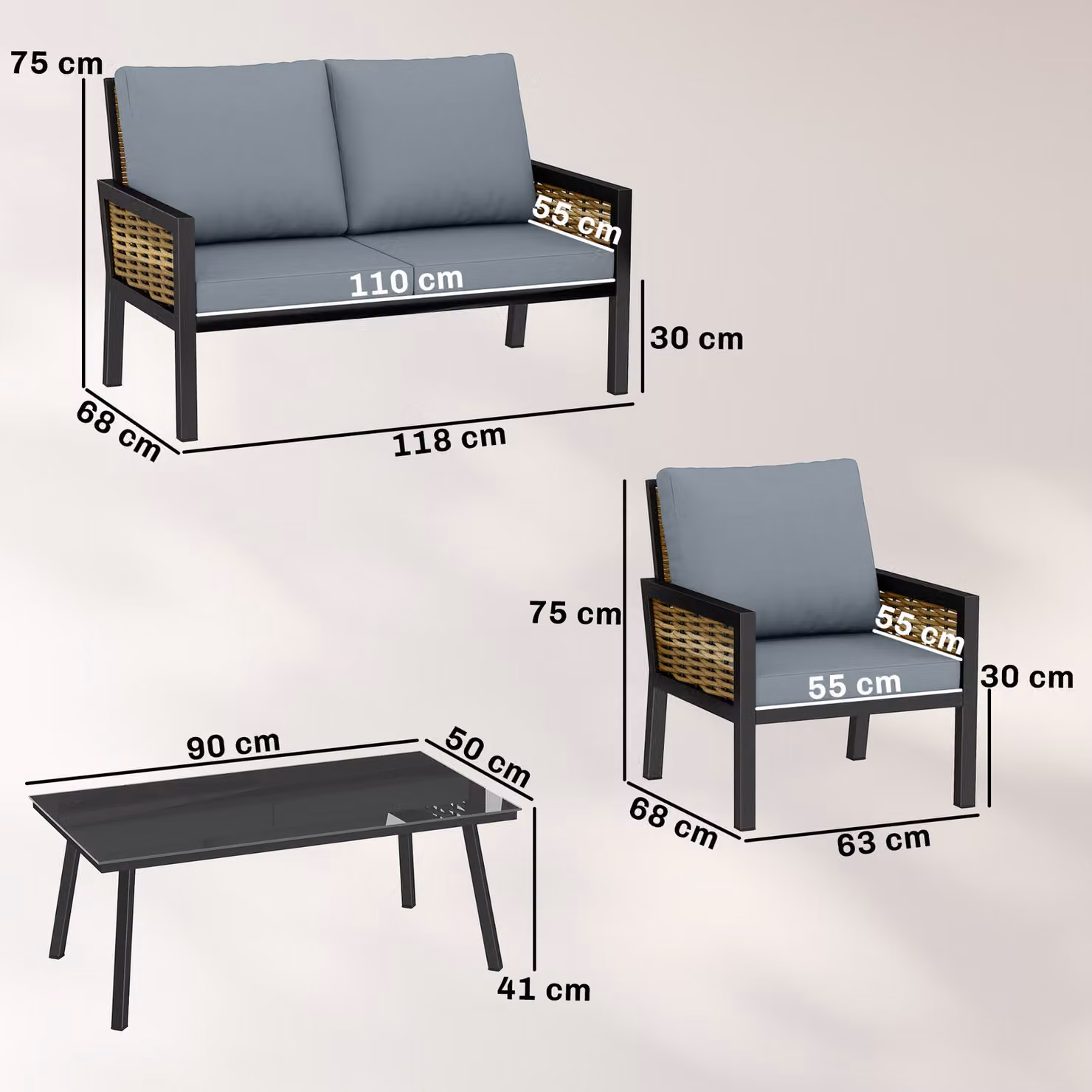 Outsunny 4 Seater Rattan Garden Furniture Set in Grey with Cushions, 2 Armchairs, Loveseat and Coffee Table – 3
